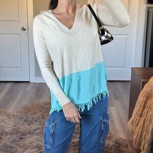 Lilly Pulitzer Cashmere Fringe Sweater Colorblock Cream Teal Coastal Cowgirl S/M